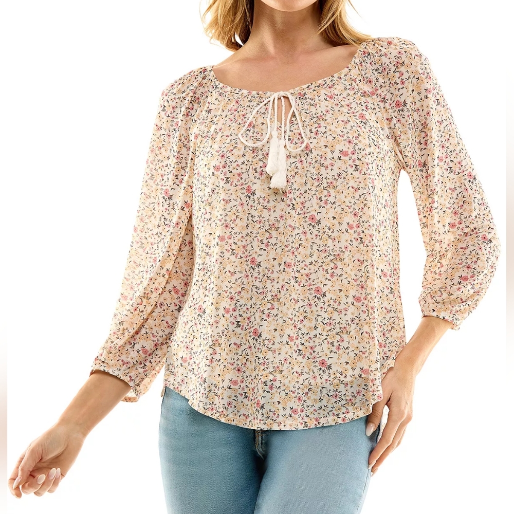 Floral-Print Tie-Neck 3/4-Sleeve Top. Size: Large Junior's